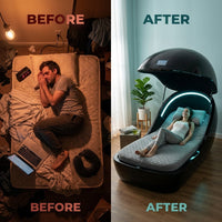 Luxury Sleep Pod Designed for Deep Recovery, Enclosed Capsule, Ambient Lighting, Touchscreen Control — Before & After