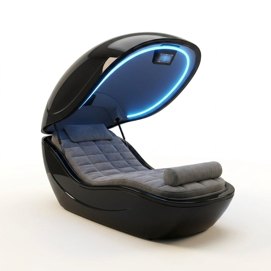Luxury Sleep Pod Designed for Deep Recovery, Enclosed Capsule, Ambient Lighting, Touchscreen Control — Studio Shot