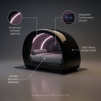 Luxury Sleep Pod Designed for Deep Recovery, Enclosed Capsule, Ambient Lighting, Touchscreen Control — infographic